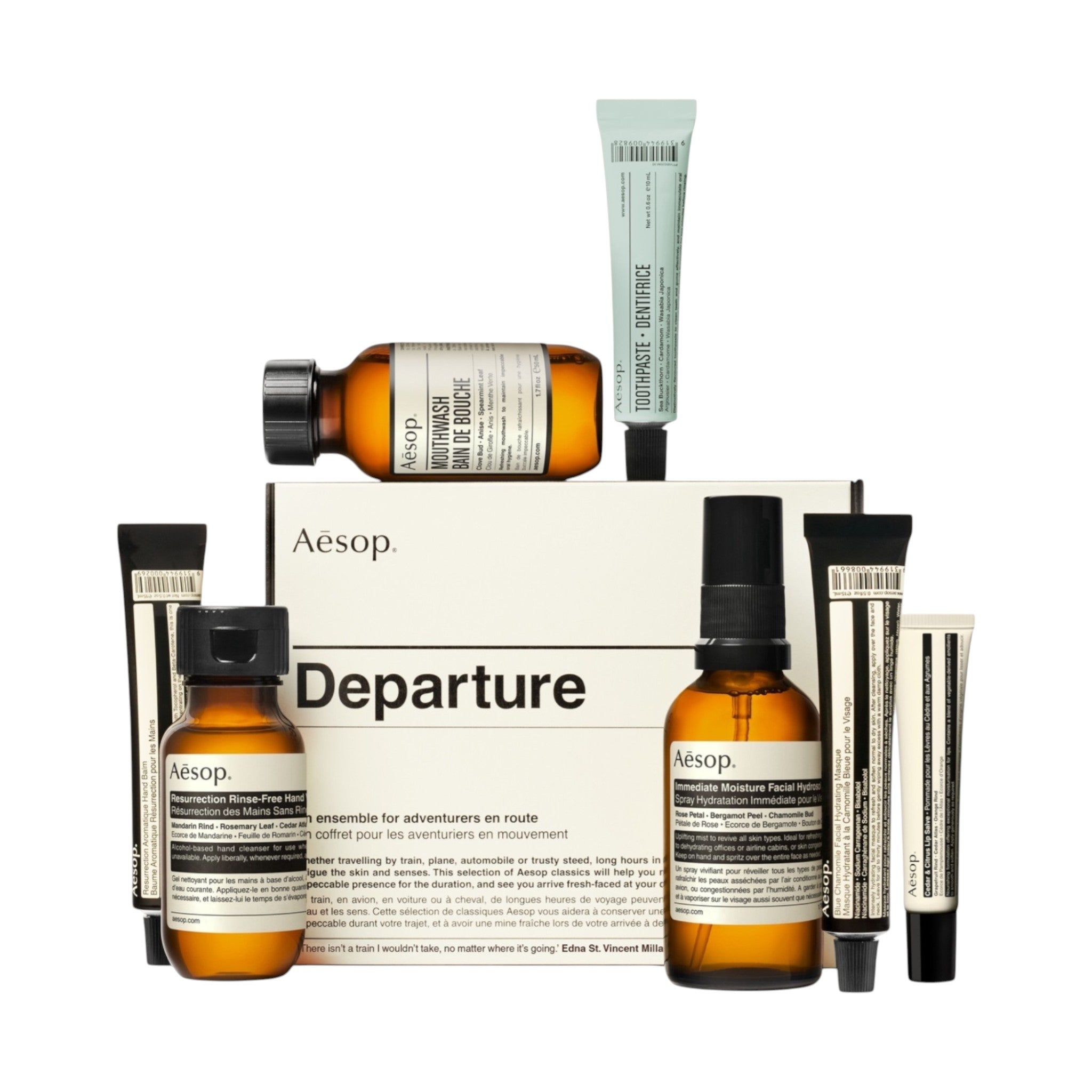 Aesop Departure travel kit obsahujúci viaceré kozmetické prípravky v cestovnom balení