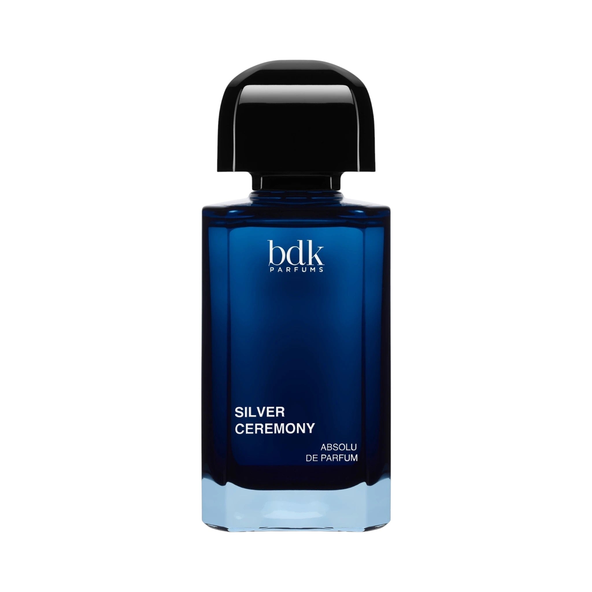 BDK Parfums Silver Ceremony Absolu de Parfum v 100 ml tmavomodrom sklenenom flakóne s čiernym uzáverom.